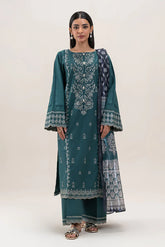 BEECHTREE- 3PC DHANAK EMBROIDERED SHIRT WITH TWILL PRINTED SHAWL AND TROUSER - HZG2379